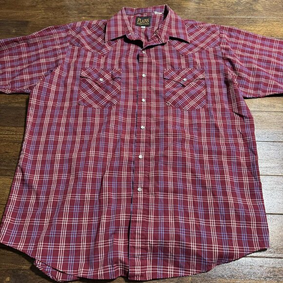 Plains Western Wear Red Mens Pearl Snap Button Down Short Sleeve Shirt Size L - Picture 2 of 10